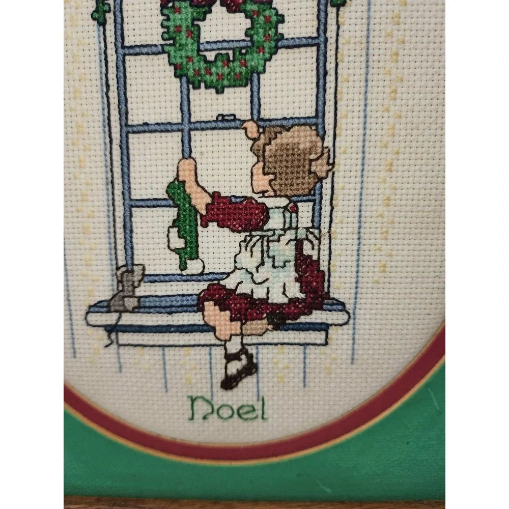 Vintage Christmas Cross Stitch Framed Wall Art Noel Girl in Window Wood Frame